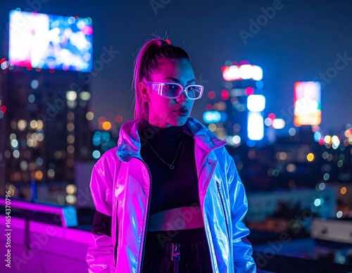 „Cyberpunk fashion and futuristic urban lifestyle with neon lights and high-tech clothing.“