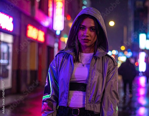 „Cyberpunk fashion and futuristic urban lifestyle with neon lights and high-tech clothing.“
