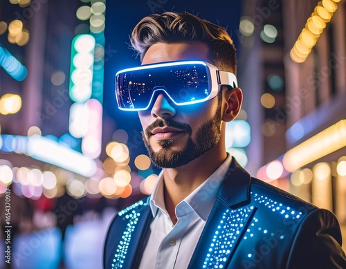 „Cyberpunk fashion and futuristic urban lifestyle with neon lights and high-tech clothing.“
