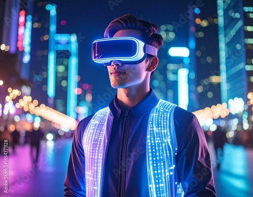 „Cyberpunk fashion and futuristic urban lifestyle with neon lights and high-tech clothing.“