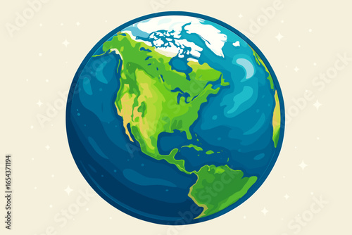 Planet Earth from space showing North and South America. Globe cartoon vector illustration. World map for ecology, environment, and travel concepts. Flat graphic design element.