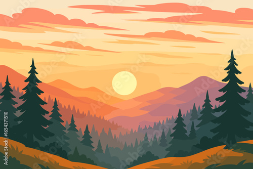 Vector landscape with mountains, forest, sun. Sunrise or sunset scenic view. Nature background for travel, hiking. Flat cartoon illustration of a calm morning or evening sky.