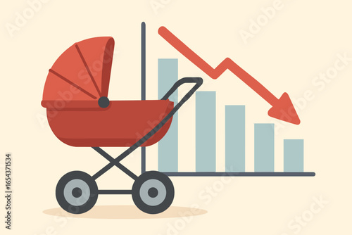 Metaphor for birth rate decline and low fertility rate. Baby stroller in front of a graph diagram with a red arrow pointing down. Population crisis and demography problem concept.