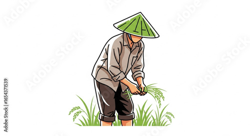 Traditional farmer working in rice field agriculture vector illustration