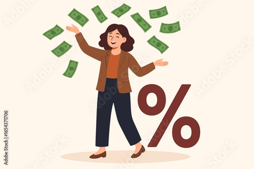 Happy businesswoman throwing money, celebrating financial success next to a big percentage sign. Concept of high income, profit, salary bonus, tax refund, cashback, savings.