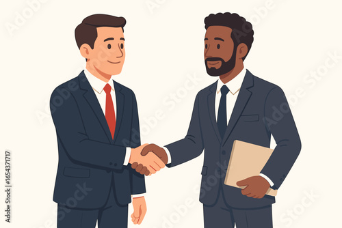 Two diverse businessmen shaking hands. Business deal, partnership and agreement concept. Corporate handshake after successful negotiation. Teamwork, success, cooperation vector.