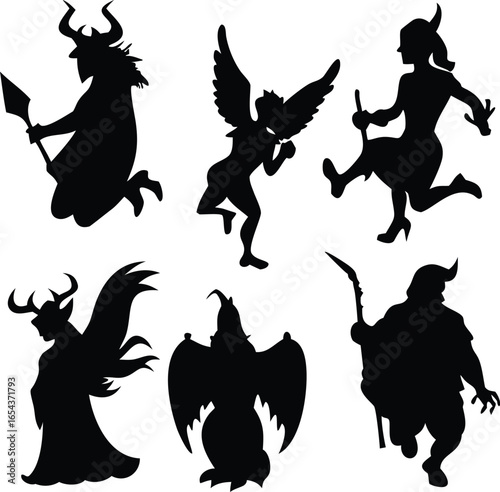 Monochromatic Silhouettes of Mythical Creatures Portraying a Sense of Mysticism and Wonder in a Dark Fantasy Setting