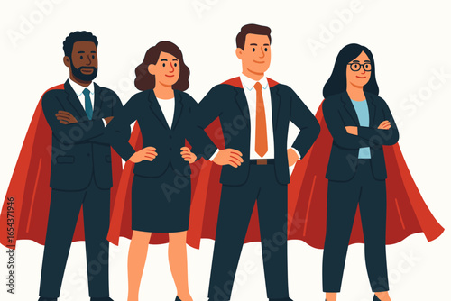 Business superheroes team. Group of diverse corporate people in superhero capes. Concept of success, leadership, teamwork, power, ambition and strength. Confident super employees.
