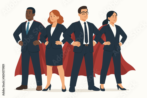 Business superheroes team. Diverse corporate businesspeople in hero capes. Metaphor for teamwork, success, leadership, power, support. Professional ambition. Flat vector.