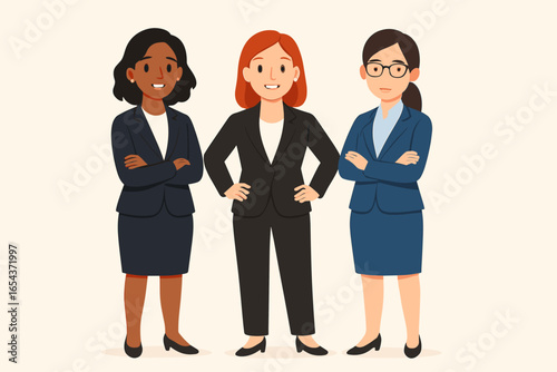 Businesswomen team. Group of three diverse confident women in suits. Multicultural professionals. Female leadership, teamwork, success, empowerment concept. Flat vector illustration.