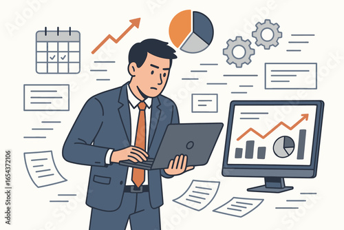 Busy businessman analyzing data on laptop and computer monitor. Concept of project management, multitasking, productivity, and busy workflow with charts and calendar icons.