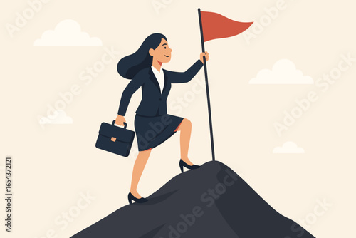 Businesswoman reaching a business milestone. Ambitious woman planting a flag on a hilltop after a climb. Achievement and success concept. Career growth and leadership metaphor.