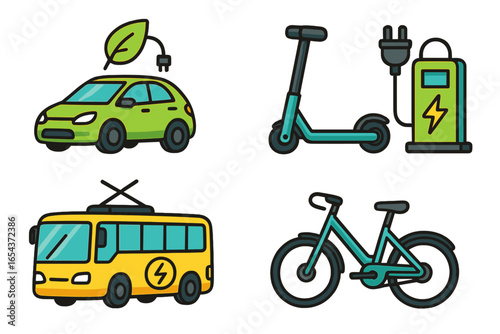 Electric vehicle icon set. Collection of sustainable transport solutions including EV car, e-scooter with charging station, electric bus, and e-bike. Green mobility concept.