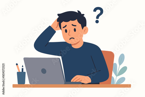 Confused man having problem with laptop computer at work. Puzzled businessman thinking. Frustrated person with question mark scratching head. Stress, error, deadline concept.