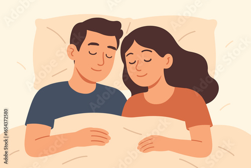 Couple sleeping together in bed. Faces of man and woman lying on pillow under a comfortable blanket. Healthy sleep, relaxation, rest, dreams, love, relationship, and comfort concept.