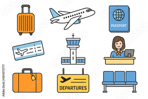 Airport icon set. Travel and tourism vector collection. Cartoon illustration with airplane, flight ticket, passport, luggage, control tower, departure sign, and check-in desk.