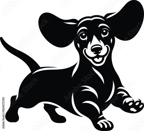 Happy Trotting Dachshund – Black and White Silhouette Vector