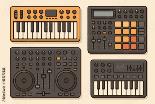 Set of electronic music equipment for creating beats. Synthesizer, drum machine, sampler and DJ mixing table. Vector illustration for techno, house, edm, dubstep music.
