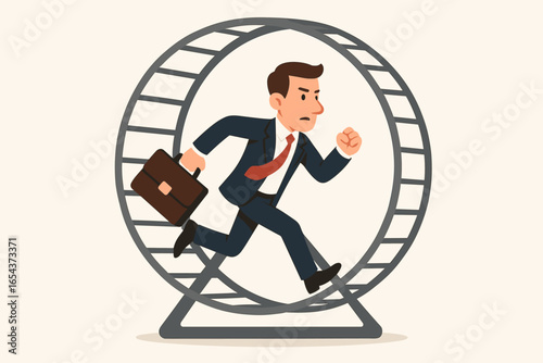 Businessman running in hamster wheel. Rat race metaphor for a dead-end job, career stagnation, and burnout. Concept of useless effort, routine, futility, and being trapped.