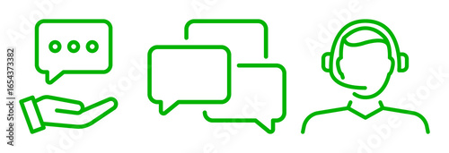 Green Line Art Icons: Customer Support, Communication, and Open Hands Offering Help and Service.