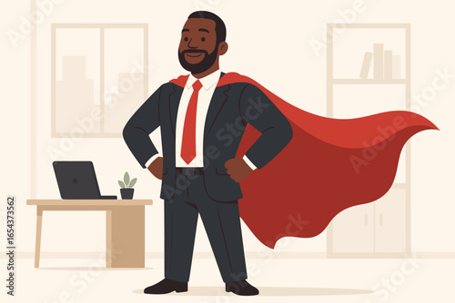African American businessman superhero in red cape. Black man in office, success concept. Brave powerful leader metaphor for business winner, corporate hero and ambition.
