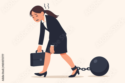 Overworked businesswoman with a ball and chain on her leg. Metaphor for professional burnout, burden, debt, and stress. Exhausted, tired female employee facing a crisis.