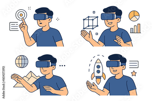 Man in VR headset interacting with virtual reality. Character in goggles exploring metaverse. AR tech simulation, futuristic concept set. Business data, gaming, and travel.