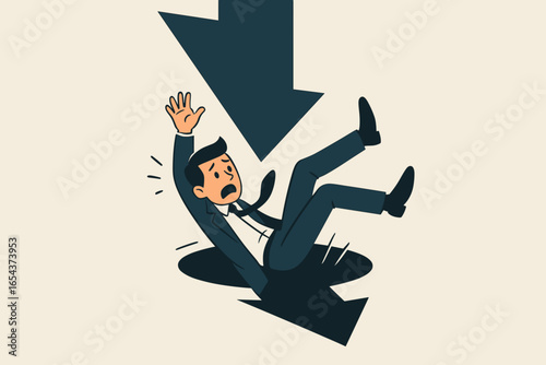 Businessman character falling down into a hole with an arrow. Business failure, financial crisis, investment risk, bankruptcy, and recession metaphor. Stock market crash.