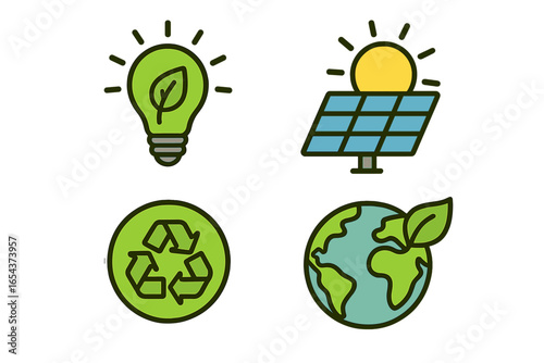 Sustainable energy and ecology icon set. Green technology concept with solar panel, recycle symbol, eco lightbulb, and planet earth icon. Environment and eco-friendly vector.