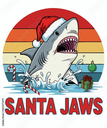 Santa Jaws Retro Shark Christmas Illustration - Great White in Santa Hat with Candy Cane, Ornament and Gift, Vintage Sunset Stripes, Funny Festive Cartoon T-Shirt Graphic
