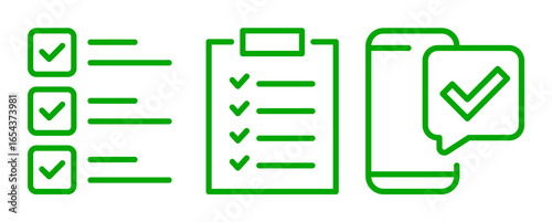 Green checklist icons:  mobile phone, clipboard, and task completion symbols;  positive, efficient, and successful project management concept;  flat line art style.