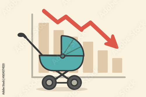 Birth rate decline concept. Baby stroller and a graph with a red arrow pointing down. Metaphor for low fertility rate, population decrease, demographic crisis, and social issue.