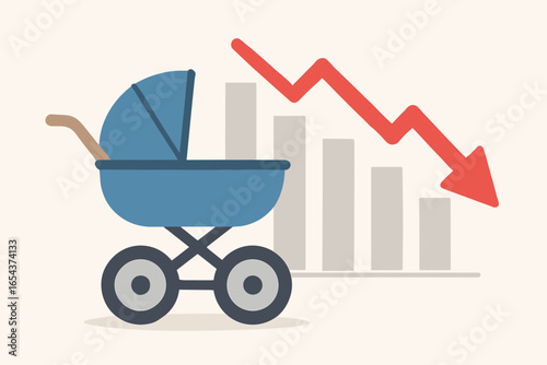 Birth rate decline. Low fertility rate problem. Population crisis. Baby stroller, pram. Falling graph diagram with red arrow down. Demographic issue. Depopulation concept vector.