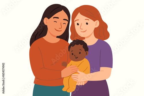 Happy lesbian couple with adopted baby. Gay parents holding child. LGBTQ family concept. Two mothers with their son. Parenthood, diversity, love, and tolerance. Flat vector.