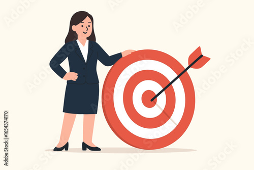 Business achievement and success concept with a businesswoman standing next to a bullseye target with a dartboard and arrow hitting the perfect score. Flat design vector illustration.