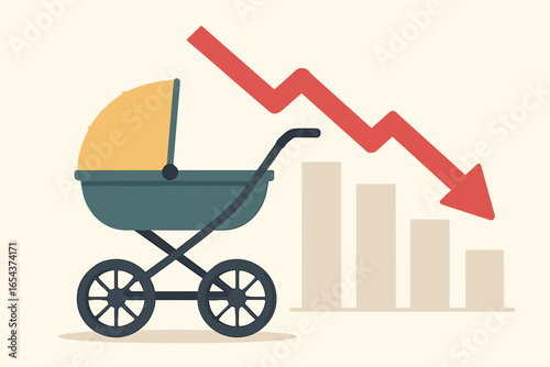 Birth rate decline metaphor. Low fertility rate problem concept. Baby stroller and falling graph with red arrow down. Demographic crisis and population decrease vector illustration.