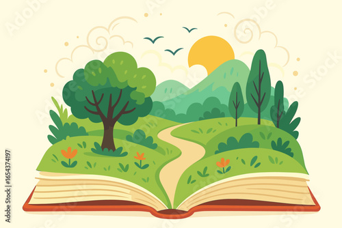 Concept of getting lost in a good book. Open book with dreamy cartoon illustration of nature with trees, mountains, and sun. Imagination, fairytale, storytelling vector.