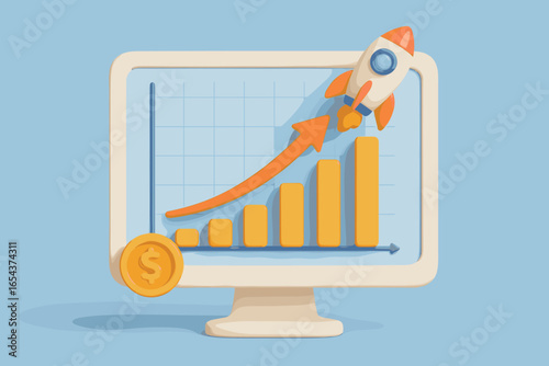 Business growth chart on computer screen. Rocket launch symbolizing financial success and startup boost. Return on investment, profit increase concept. 3D cartoon vector money icon.