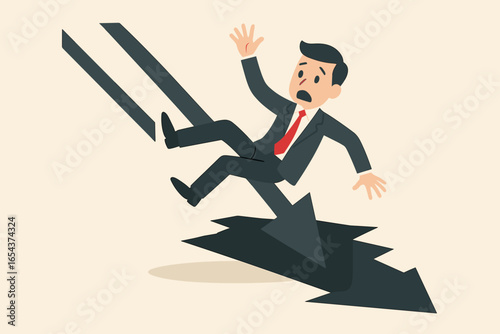 Businessman falling into an arrow-shaped hole. Metaphor for business failure, financial crisis, and bankruptcy. Concept for investment risk, stock market crash, and economic recession.