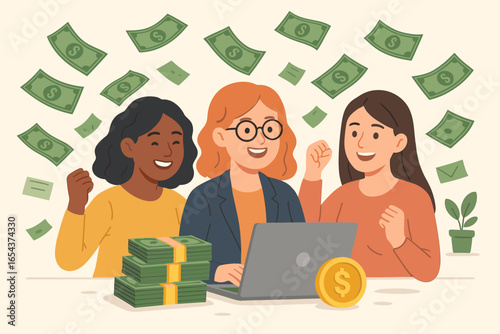 Team of happy women making money online. Financial success concept. Diverse female entrepreneurs celebrate great salary and income. Teamwork and profit growth vector cartoon.