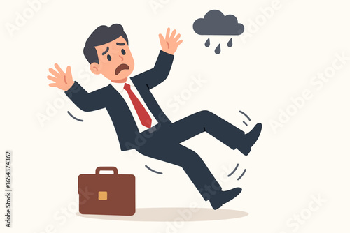 Businessman falling down. Man failing in business and career, stumbling backwards. Metaphor for crisis, problem, unlucky, mistake, bankruptcy or failure. Vector cartoon.