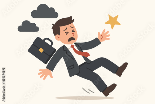 Businessman falling down. Metaphor for failure, career crisis, and bankruptcy. Unlucky man stumbling, facing problems and challenges. Financial loss, risk, and mistake concept.