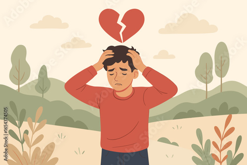 Heartbreak concept with a sad, frustrated man with his hands on his head. Broken heart symbol representing a breakup, divorce, or betrayal. Mental health, depression, loneliness vector.