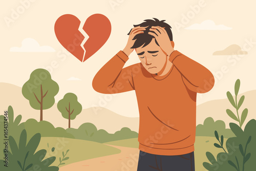 Heartbreak concept with sad man and broken heart symbol. Frustrated young person feeling grief, depression, loneliness. Mental health problem. Metaphor for divorce, breakup.