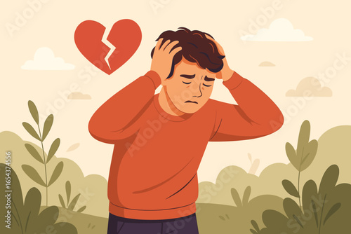 Heartbreak concept with a sad, frustrated young man. Emotional crisis and depression from a breakup or divorce. Broken heart symbol. Mental health, psychology, sorrow. Vector.