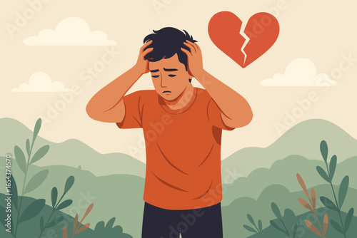 Heartbreak concept vector. Sad frustrated young man standing alone in nature with hands on head. Broken heart symbol of breakup, divorce. Despair, depression, grief, loneliness.