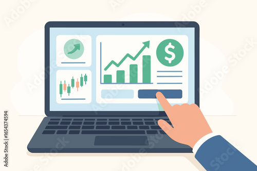 Stock market trading online. Financial analysis on laptop screen. Investment dashboard with candlestick chart, growth graph and dollar icon. Business profit concept vector.