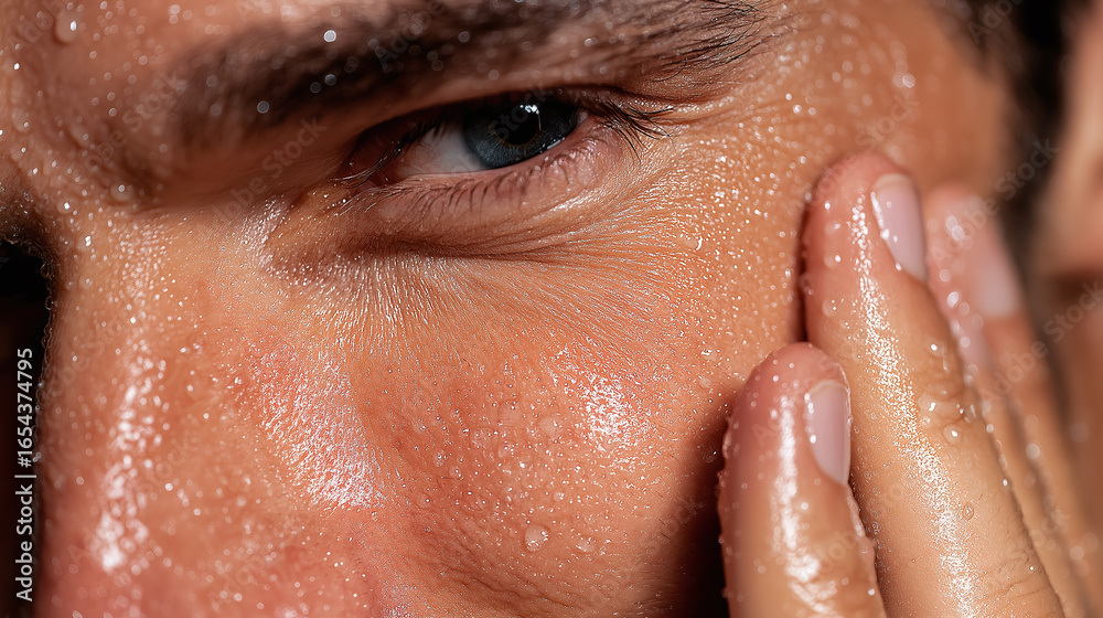Fototapeta premium Close up of man with wet skin touching his face, showing water droplets and natural texture, highlighting skincare and freshness with focused eye expression