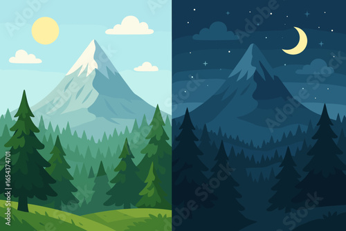 Day and night landscape comparison. Nature scene with forest and mountain in daylight and nighttime. Sun and moon opposition. Concept of duality, cycle, and time change. Vector.