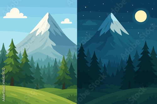 Day and night comparison. Same nature scene with forest and mountain in daylight and at nighttime. Concept of 24 hours cycle. Vector cartoon flat style illustration.